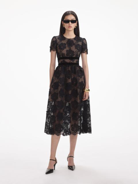 Black Lace Velvet Bow Midi Dress