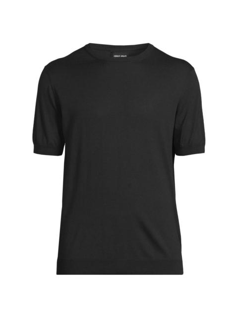 GIORGIO ARMANI Men's Silk-Cotton Short-Sleeve Sweater - Blue