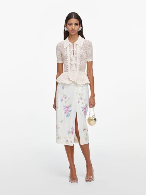 self-portrait Cream Pointelle Knit Wrap Peplum Top
