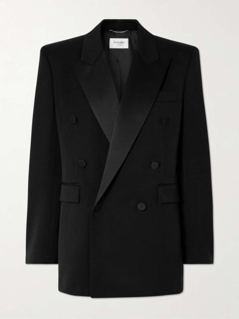 SAINT LAURENT Double-breasted satin-trimmed wool blazer Black