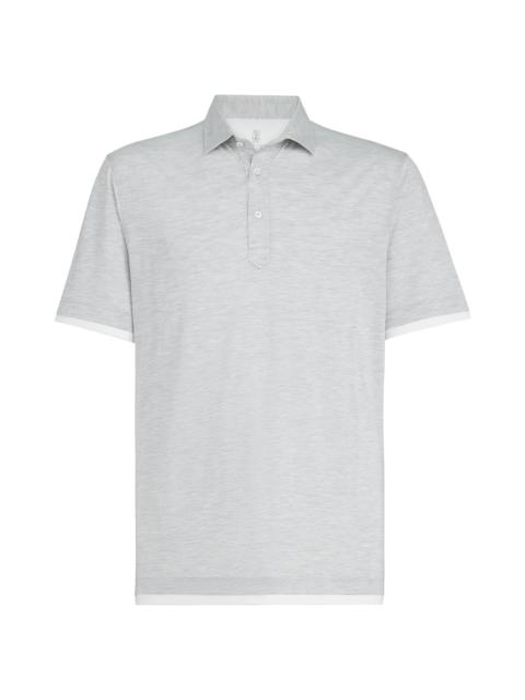 Brunello Cucinelli Men's Silk and Cotton Jersey Shirt Style Collar Polo with Faux Layering - Pearl Grey