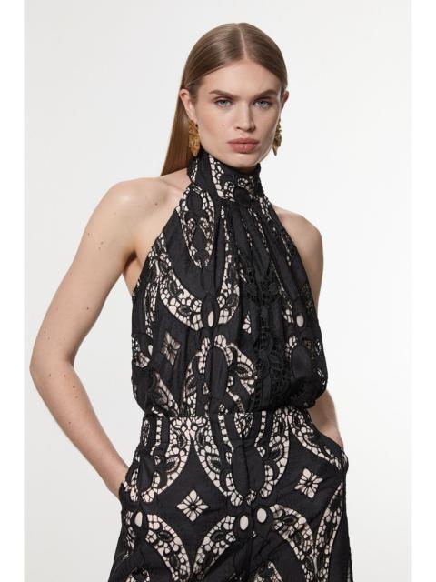 KAREN MILLEN Tall Sheer Georgette Cutwork Woven Halter Top