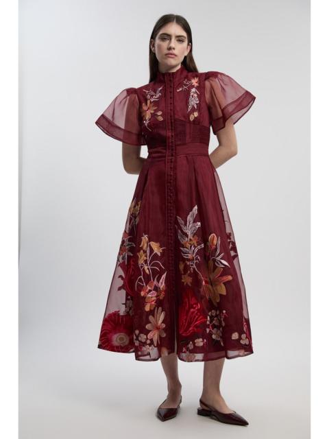 KAREN MILLEN Botanical Embroidery Organdie Angel Sleeve Midi Dress
