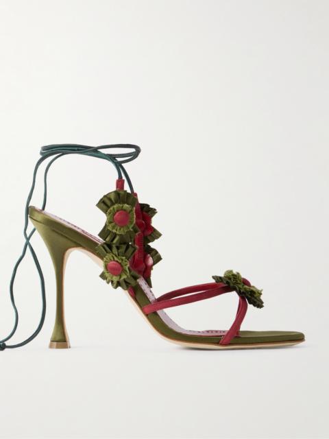 Manolo Blahnik Palissot Leather-trimmed Appliquéd Grosgrain And Satin Sandals