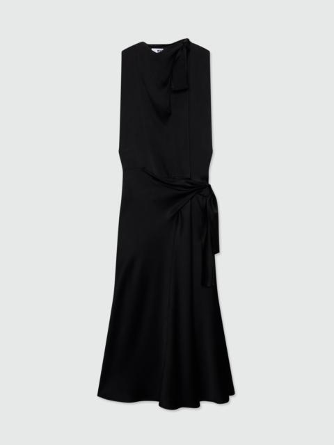 MSGM Black satin midi dress with tie belt and pareo effect