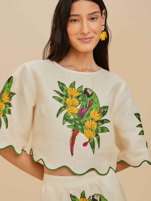 FARM RIO Off-White Maracana Bird Euroflax™ Premium Linen Blouse