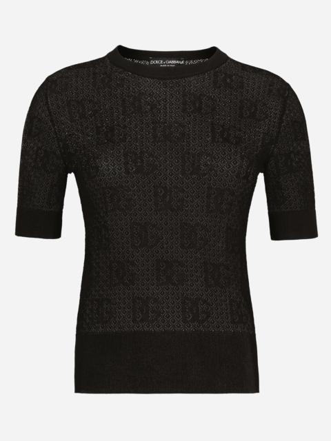 Lace-stitch viscose sweater with jacquard DG logo