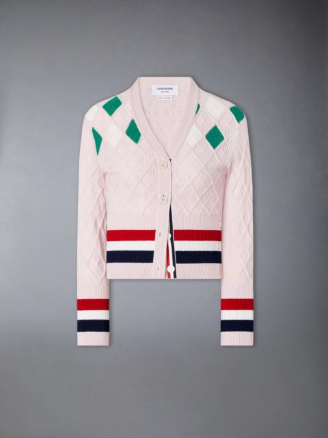 Thom Browne CASHMERE INTARSIA ARGYLE POINTELLE SHRUNKEN CARDIGAN