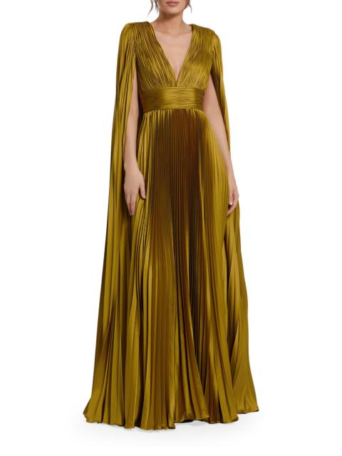 MAC DUGGAL Women's Metallic Pleated Charmeuse Cape Gown - Chartreuse