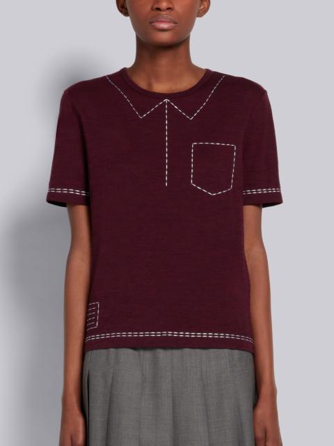 Thom Browne Dark Red Wool Jersey Trompe L'oeil Embroidery Stitching Short-sleeved Tee