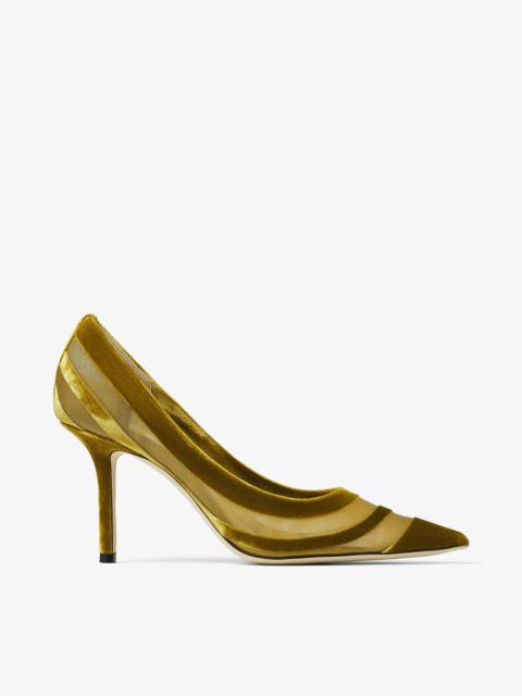 JIMMY CHOO Love 85 Citrine and Gold Flocked Velvet Striped Mesh Pumps