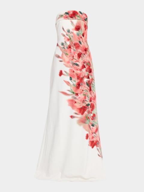 BADGLEY MISCHKA Strapless Floral-Print Crepe Gown