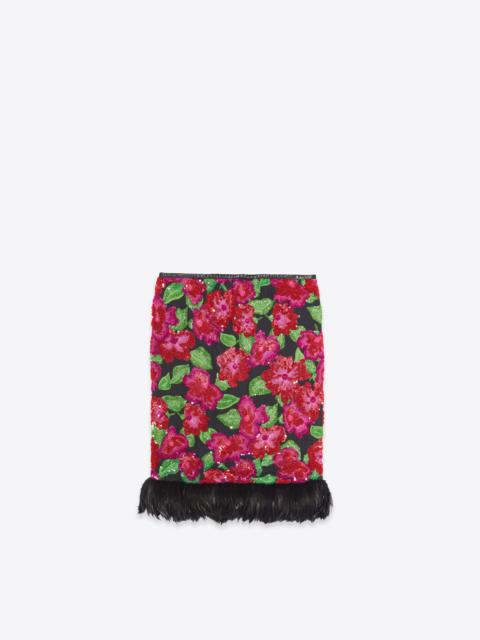 SAINT LAURENT long skirt in floral silk muslin and feathers