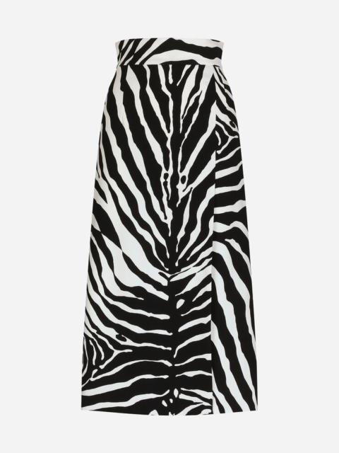 Zebra-print cady calf-length skirt