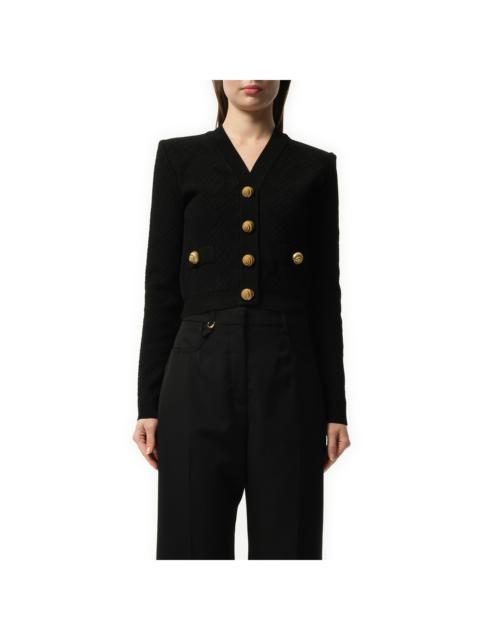 Balmain Buttoned V Neck Vichy Knit Cardigan in Black