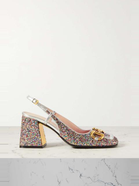 GUCCI Horsebit-detailed glittered leather slingback pumps