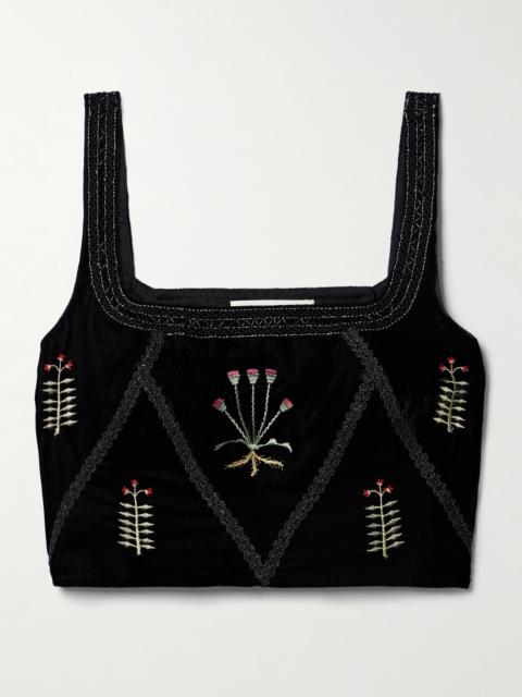 EMPORIO SIRENUSE Cindarella Cropped Bead-embellished Embroidered Velvet Top