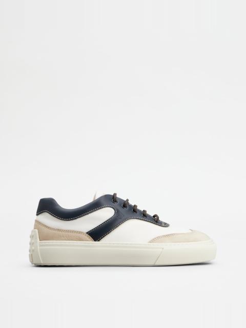 Tod's SNEAKERS IN LEATHER AND FABRIC - WHITE, BLUE, BEIGE