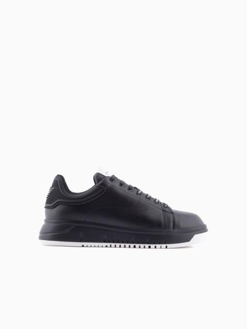 EMPORIO ARMANI Leather sneakers with rubber back knurled sole