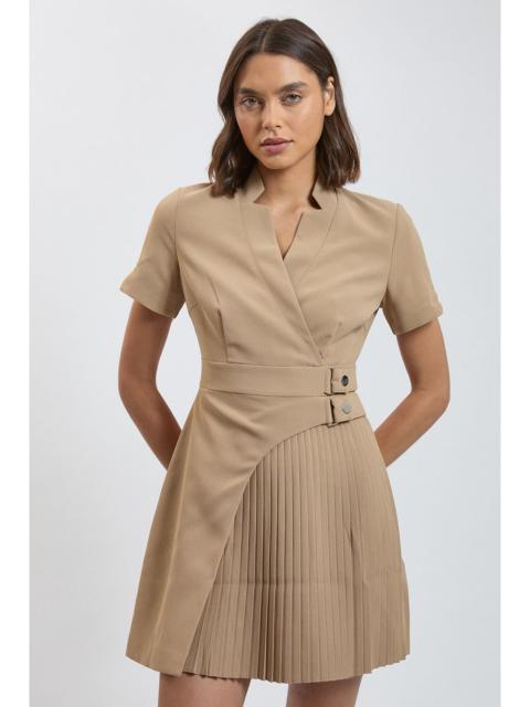 KAREN MILLEN Forever Tailored Crepe Military Pleat Notch Neck Wrap Mini Dress