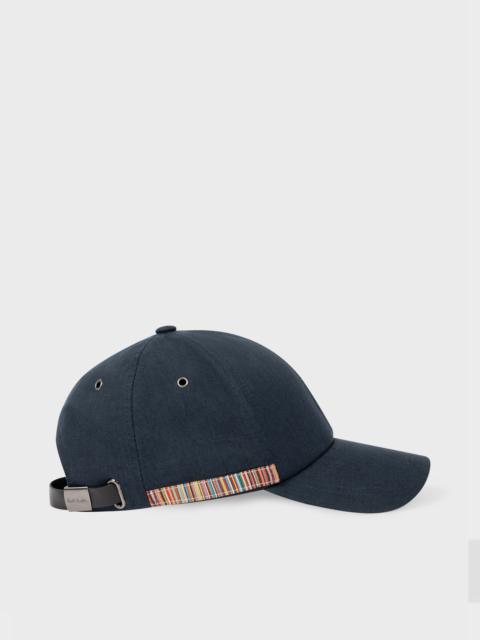 Dark Navy Linen Signature Stripe Trim Cap