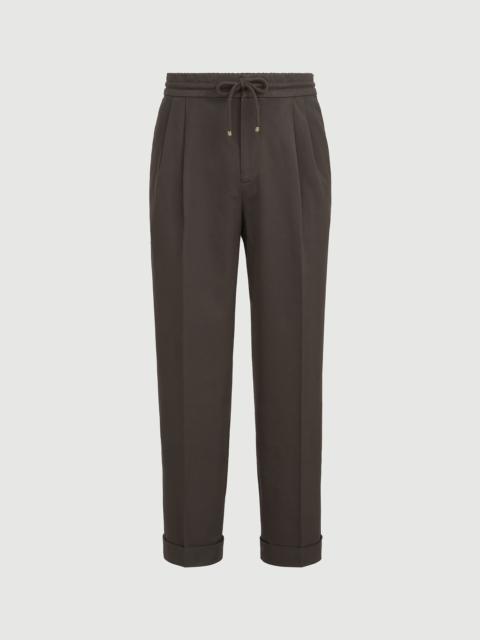 Brunello Cucinelli Garment-dyed twisted cotton gabardine trousers with drawstring and double pleats