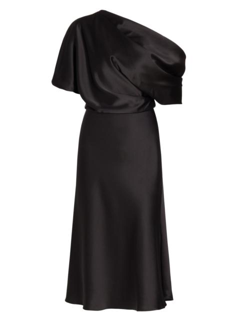 AMSALE Women's Draped Satin One-Shoulder Midi-Dress - Black