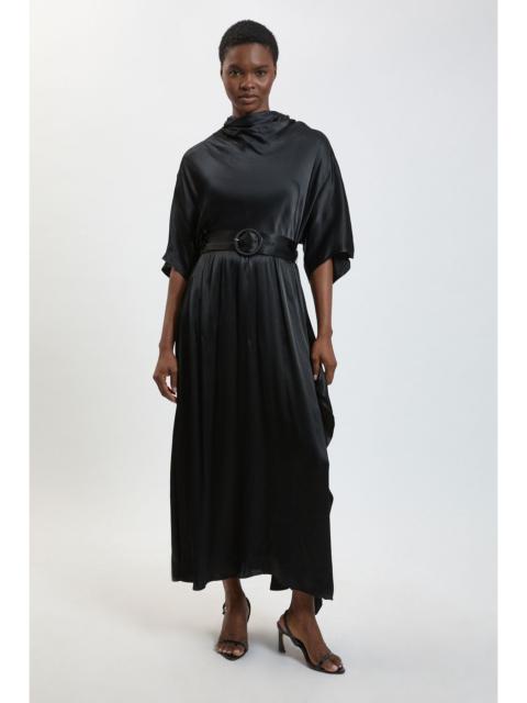 KAREN MILLEN Petite Viscose Satin Asymmetric Ruffle Midi Dress