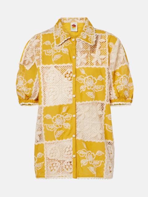 FARM RIO Embroidered lace-trimmed cotton shirt