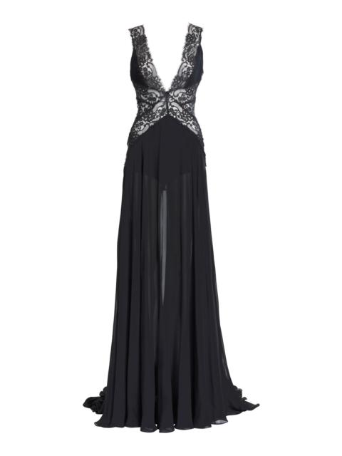 ELIE SAAB Double Georgette & Lace Long Dress black