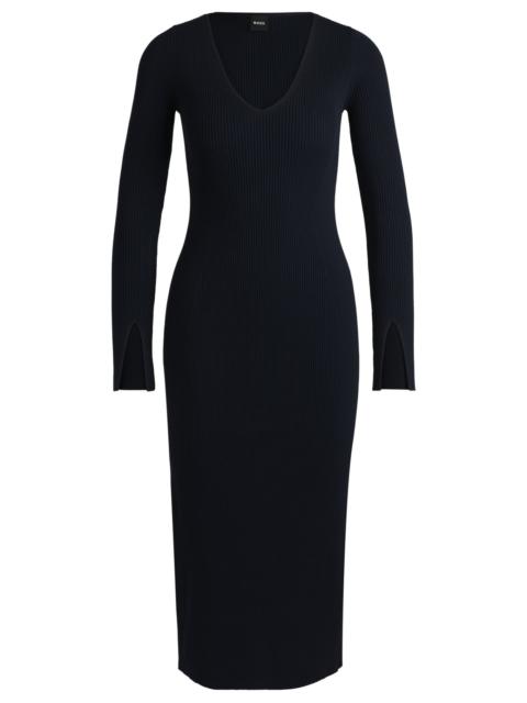 BOSS LONG-SLEEVED V-NECK DRESS WITH RIBBED KNIT