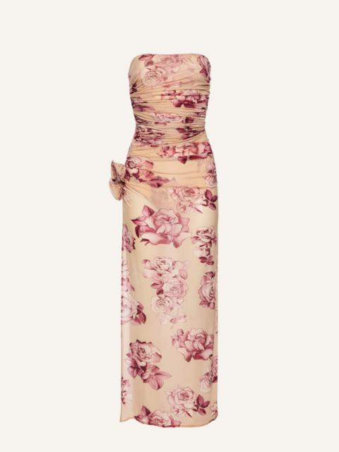 MAGDA BUTRYM Strapless flower applique midi dress in beige print
