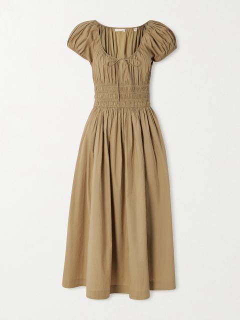 DÔEN Quinn Tie-detailed Shirred Cotton-poplin Midi Dress