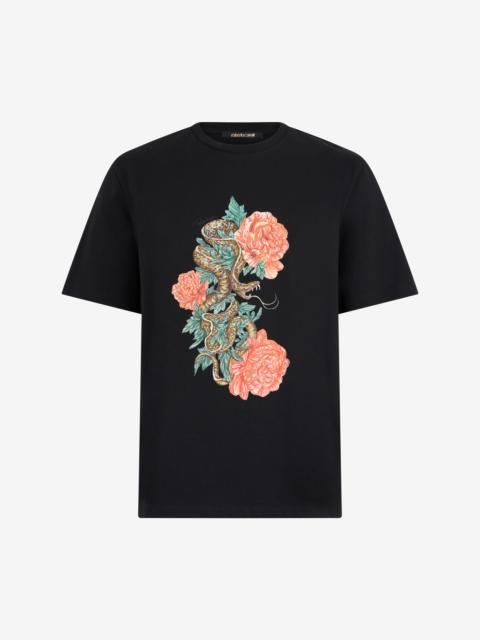 Roberto Cavalli Black T-Shirt With Snake Floral Print