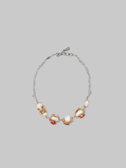 GOLD AND PALLADIUM BRANCH NECKLACE WITH ENCASED PEARL CHARMS