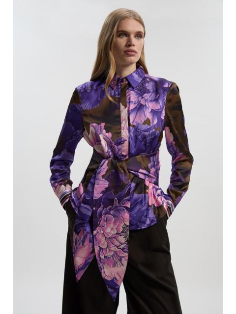 KAREN MILLEN Floral Print Hammered Satin Collared Woven Shirt