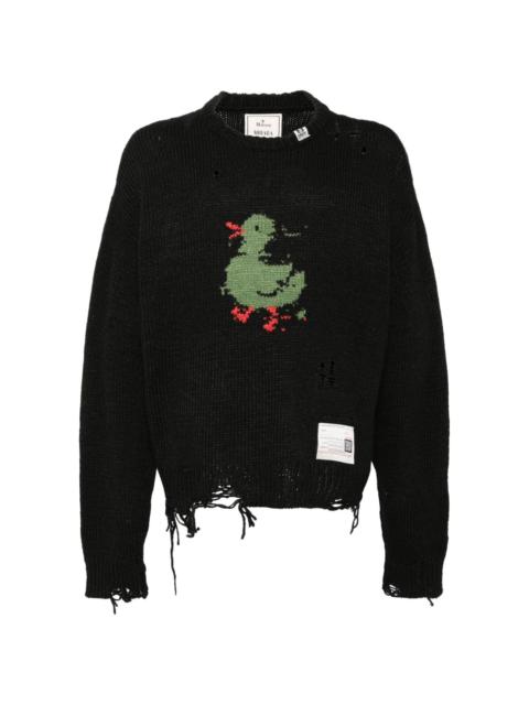 distressed-effect intarsia-duck jumper