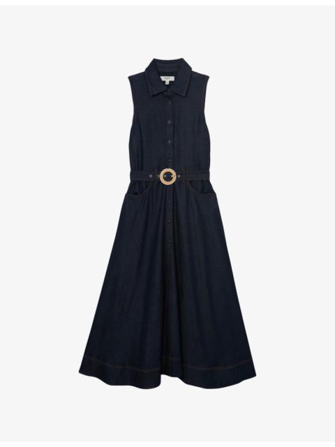 REISS Remi Belted-Waist Denim Midi Dress