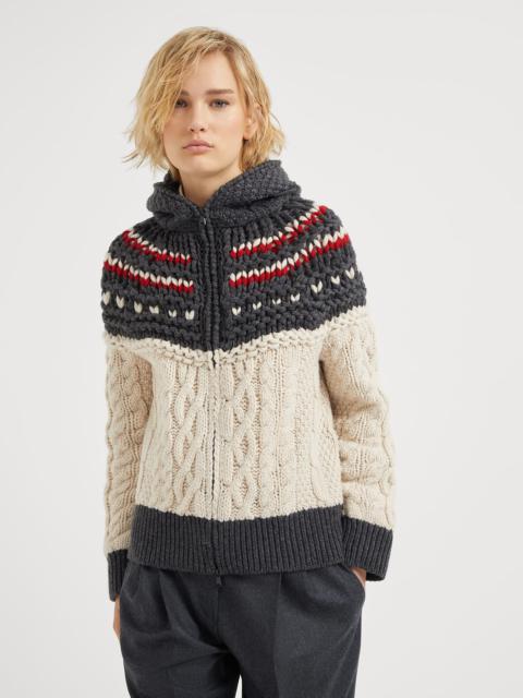 Brunello Cucinelli Handmade Mountain Cables OPERA cardigan in cashmere Feather yarn with hood