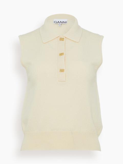 GANNI Cashmere Mix Sleeveless Polo in Alabaster Gleam