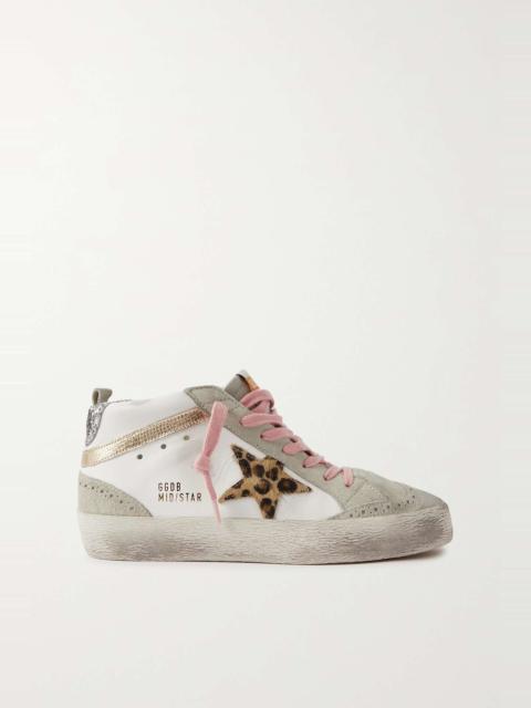Mid Star embellished distressed leopard-print calf hair, leather and suede sneakers
