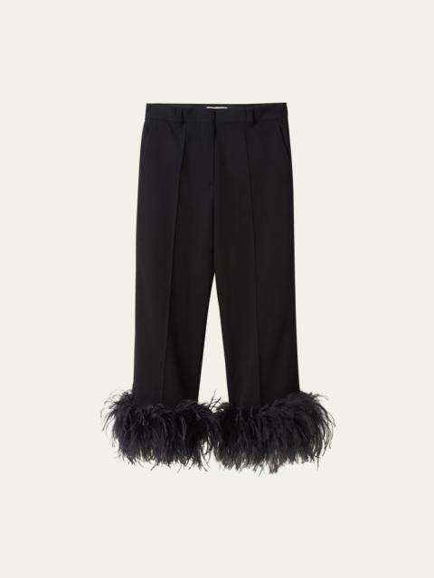 Miu Miu Wool Wide Leg Pants with Feather Trim