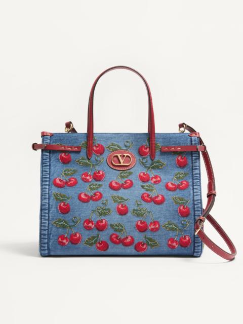 Valentino VALENTINO GARAVANI ANTIBES MEDIUM SHOPPING BAG IN DENIM WITH CHERRYFIC EMBROIDERY