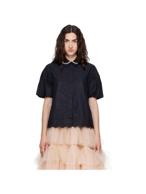 Simone Rocha Black Cropped Puff Sleeve Lace Trim Shirt