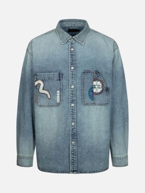 HAND-STITCHED AND MULTI-PRINT LOOSE FIT DENIM SHIRT