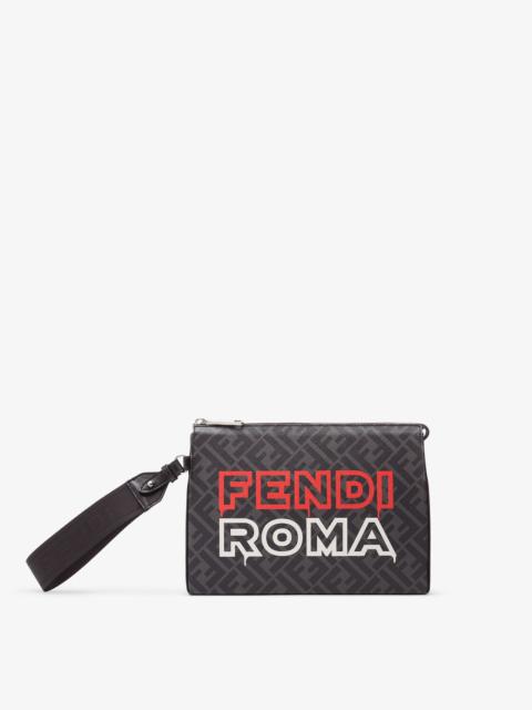 FENDI Clutch bag made of black and gray FF fabric. Features an internal compartment with zipper closure, c