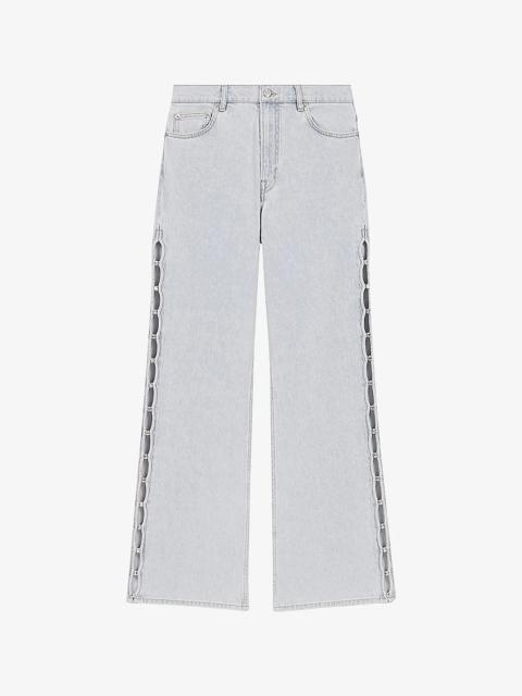 Crystal-Embellished Cut-Out Wide-Leg Mid-Rise Stretch-Denim Jeans