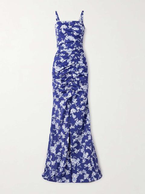 CAROLINA HERRERA Ruched floral-print faille gown Bright blue