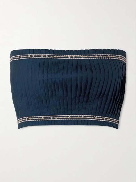 EMPORIO SIRENUSE Flavia Strapless Cropped Embroidered Pleated Cotton-blend Top