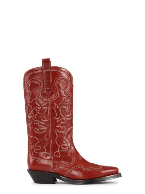 GANNI RED MID SHAFT EMBROIDERED WESTERN BOOTS